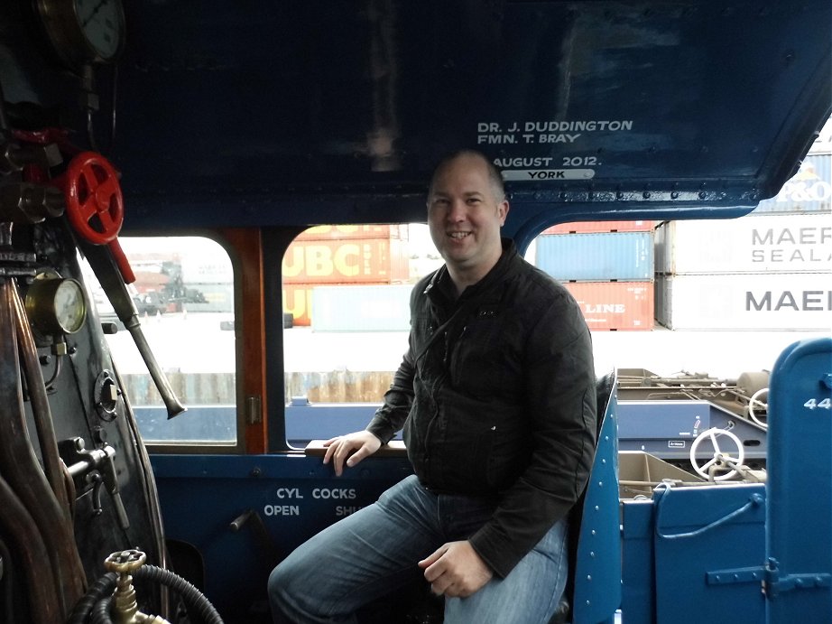 Me, sat in the Fireman's seat of Mallard where I had my cabride 25 years ago, Sun 15/9/2013. 