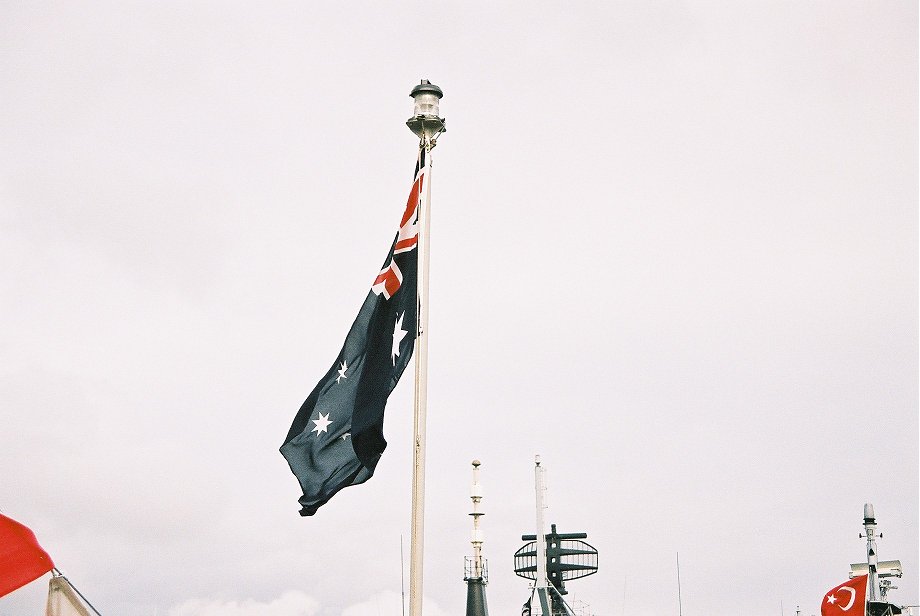 HMAS Anzac (FFH 150), the lead ship of the Anzac class frigates of the Royal Australian Navy (RAN), Trafalgar 200, Portsmouth 2005. 