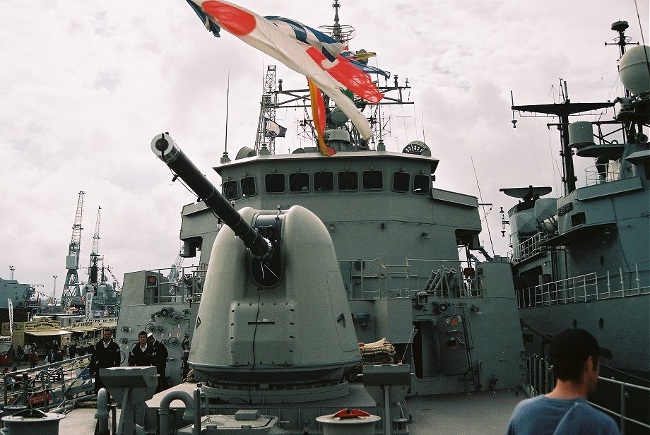 HMAS Anzac (FFH 150), the lead ship of the Anzac class frigates of the Royal Australian Navy (RAN), Trafalgar 200, Portsmouth 2005. 