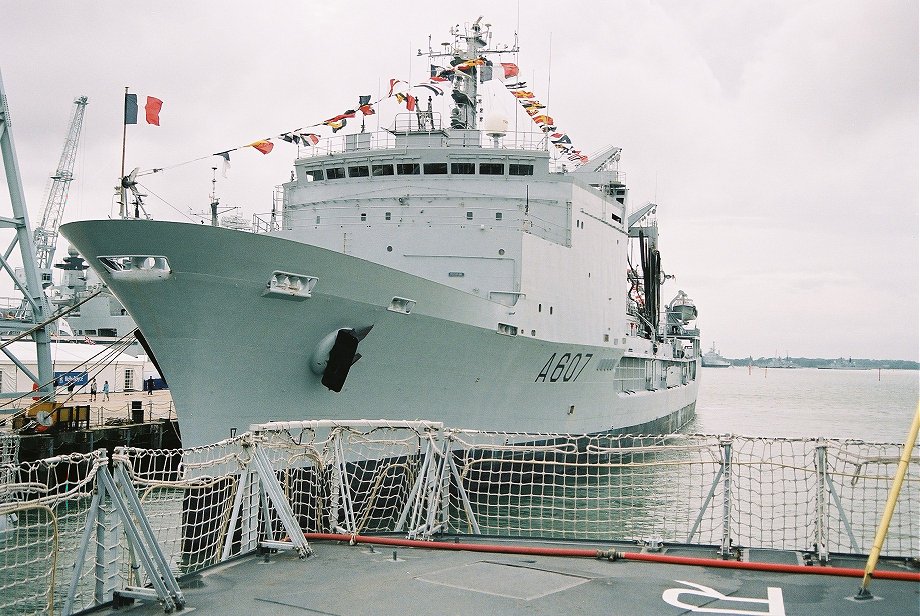 A607 Meuse, Durance class multi-product replenishment oiler. Trafalgar 200, Portsmouth 2005. 